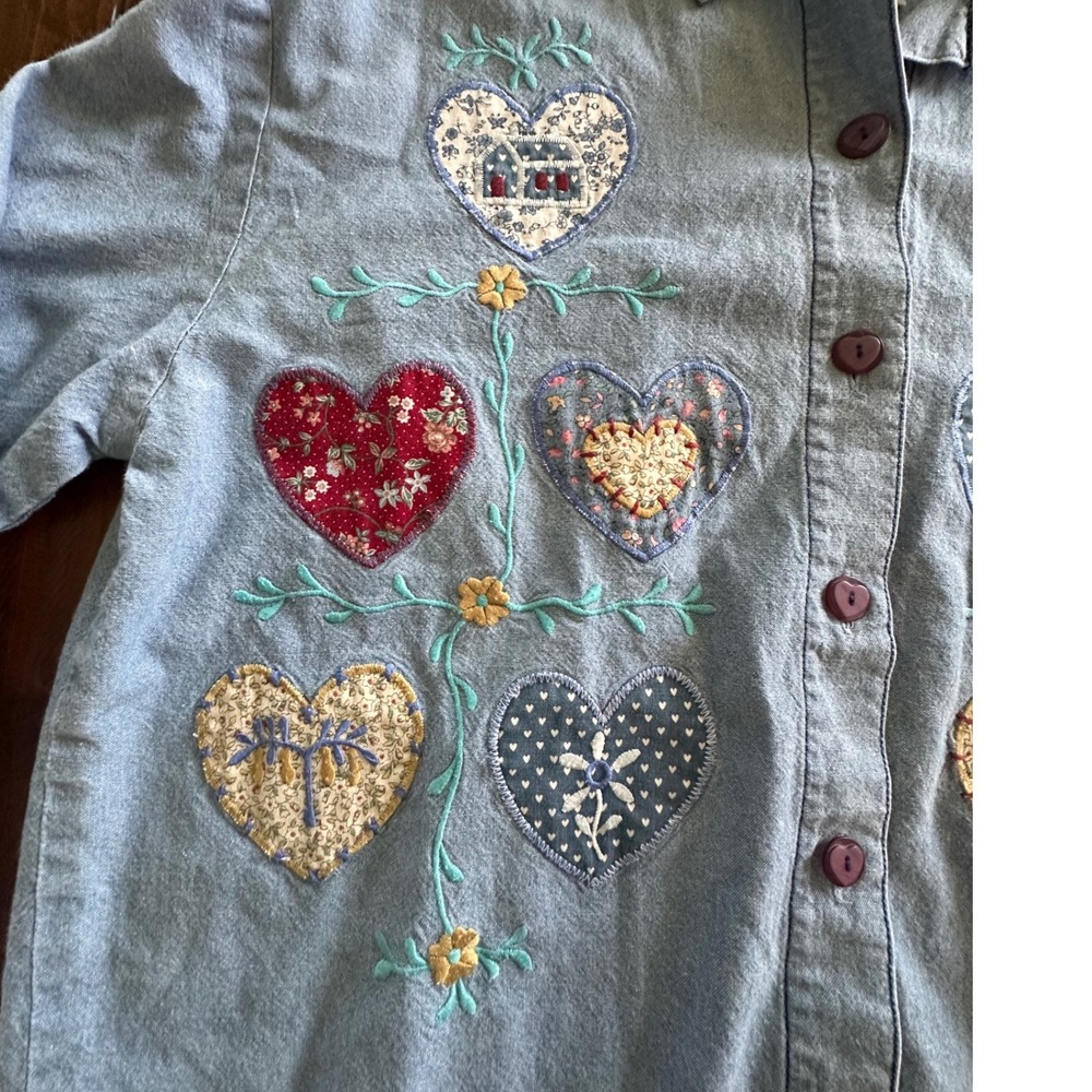 Teddi Vintage Heart Patchwork Chambray Denim Shirt Light Wash Cottagecore Small - Picture 4 of 8